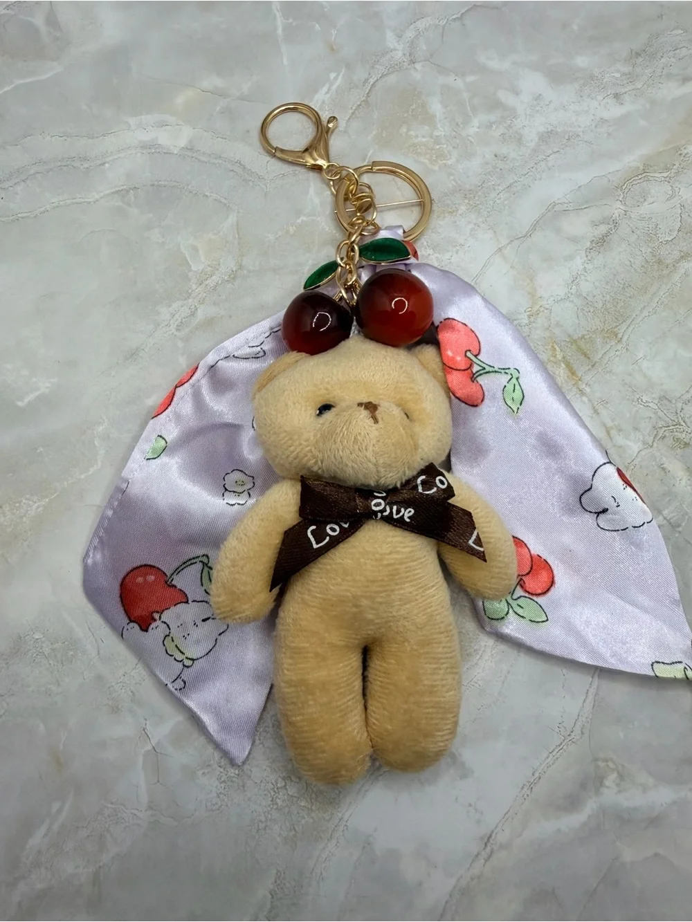 Plush Bear Keychain with Cherry Charm and Lavender Scarf - Cute Kids Accessory